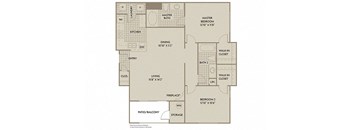 A floor plan of a home with a living room, dining room, kitchen, two bedrooms, a master bath, a closet, a pantry, a fireplace, and a storage area.