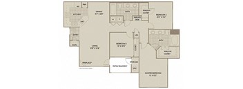 A floor plan of a house with a living room, dining room, kitchen, and three bedrooms.