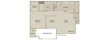 A floor plan of a home with a bedroom, dining room, kitchen, living room, and bathroom.