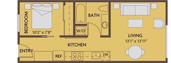 A floor plan of a small apartment with a bedroom, kitchen, and bathroom.