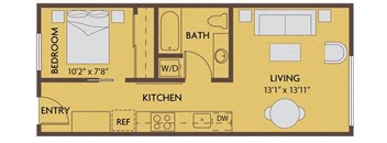 A floor plan of a small apartment with a bedroom, living room, kitchen, and bathroom.