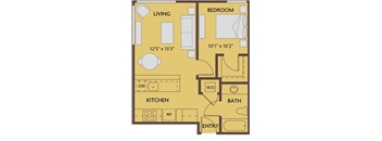 A floor plan of a small apartment with a living room, kitchen, bathroom, and bedroom.