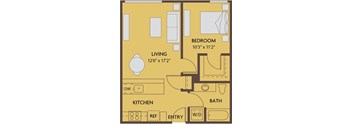 A floor plan of a small apartment with a living room, kitchen, bathroom, and bedroom.