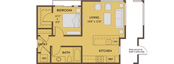 A floor plan of a small apartment with a bedroom, living room, kitchen, bathroom, and entry.