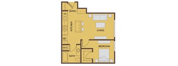 A floor plan of a house with a kitchen, living room, bedroom, and bathroom.