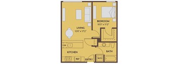 A floor plan of a small apartment with a living room, kitchen, bathroom, and bedroom.