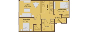 A floor plan of a home with a living room, kitchen, two bedrooms, a bathroom, and a den.