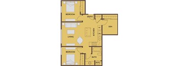 A floor plan of a house with two bedrooms, a living room, a kitchen, a bathroom, and a den.