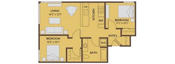 A floor plan of a small apartment with two bedrooms, a living room, a kitchen, and a bathroom.