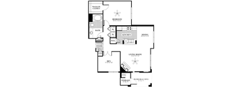 A floor plan of a house with a living room, dining room, kitchen, and two bedrooms.