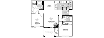 A floor plan of a house with a living room, dining room, kitchen, and two bedrooms.