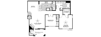 A floor plan of a house with a living room, kitchen, and two bedrooms.