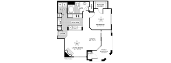 A floor plan of a house with a living room, dining room, kitchen, and two bedrooms.