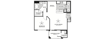 A floor plan of a house with a living room, dining room, kitchen, and bath.
