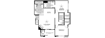 A floor plan of a house with a living room, kitchen, dining room, two bedrooms, a master bedroom, a walk-in closet, and a storage area.