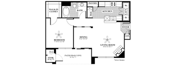 A floor plan of a house with a living room, dining room, kitchen, and bathroom.