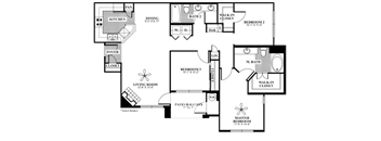 A floor plan of a house with a living room, dining room, kitchen, and three bedrooms.