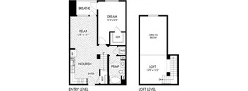 A floor plan shows the layout of an apartment with labeled rooms such as "BREATHE", "DREAM", and "RELAX".