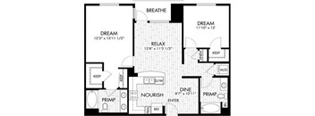 A black and white image of a floor plan for a house with labeled rooms such as "DREAM", "RELAX", "DINE", and "NOURISH".