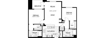 A black and white image of a house floor plan with rooms labeled "BREATHE", "RELAX", "DREAM", "DINE", "NOURISH", and "PRIMP".