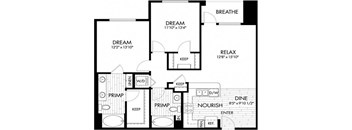 A black and white image of a floor plan for a house with rooms labeled DREAM, RELAX, and BREATHE.