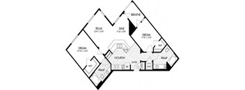 A black and white diagram of a house with labeled rooms such as "RELAX" and "DINE".