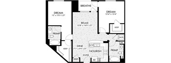 A black and white image of a floor plan for a house with labeled rooms such as "DREAM", "RELAX", "DINE", and "NOURISH".