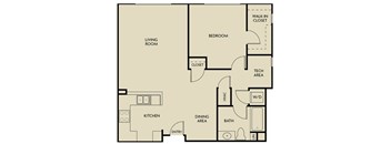 A floor plan of a house with a living room, kitchen, dining area, bedroom, bathroom, and a walk-in closet.