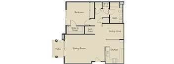 A floor plan of a house with a living room, dining area, kitchen, bedroom, bath, walk-in closet, and patio.