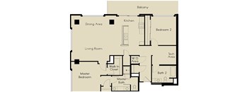 A floor plan of a house with a living room, dining area, kitchen, two bedrooms, a master bedroom, a walk-in closet, a master bathroom, a bathroom, a balcony, and a te