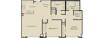 A floor plan of a house with a kitchen, dining area, living room, two bedrooms, a bathroom, and a walk-in closet.