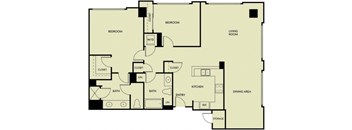 A floor plan of a house with two bedrooms, a living room, a dining area, a kitchen, two bathrooms, and a storage space.