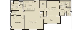 A floor plan of a house with a living room, kitchen, and two bathrooms.