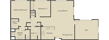 A floor plan of a house with a master bedroom, two bathrooms, a living room, a dining area, a kitchen, and a den.