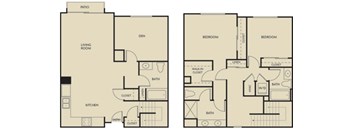 A floor plan of a house with two bedrooms, a living room, a kitchen, a bathroom, and a patio.