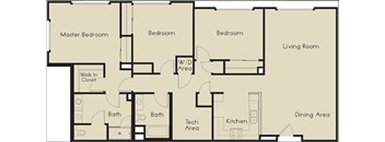 A floor plan of a house with a master bedroom, three bedrooms, a living room, a dining area, a kitchen, a tech area, two bathrooms, and a walk-in closet.