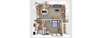 A 3D floor plan of a small apartment with a kitchen, living room, and bedroom.