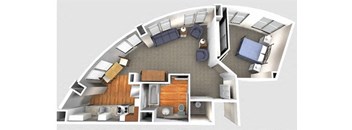 A 3D floor plan of a house with a kitchen, living room, and bedrooms.