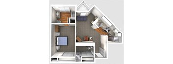 A 3D floor plan of a small apartment with a bedroom, living room, and kitchen.