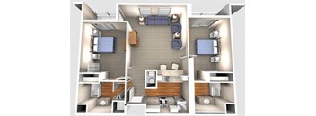 A 3D floor plan of a small apartment with a living room, kitchen, and bedroom.