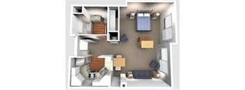 A 3D floor plan of a small apartment with a kitchen, living room, and bedroom.
