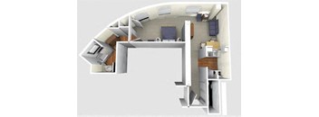 A 3D floor plan of a small apartment with a kitchen, living room, and bedroom.