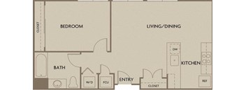 A floor plan of a small apartment with a bedroom, bathroom, kitchen, and living/dining room.