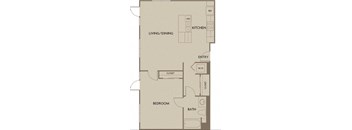 A floor plan of a small apartment with a living/dining area, kitchen, bedroom, bathroom, and closet.