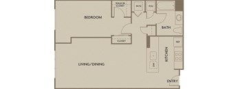 A floor plan of a room with a bedroom, living/dining area, kitchen, bathroom, and entry.