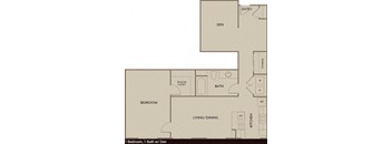 A floor plan of a small apartment with one bedroom, one bathroom, and a living/dining area.