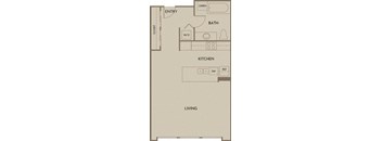 A floor plan of a small apartment with a living area, kitchen, and bathroom.