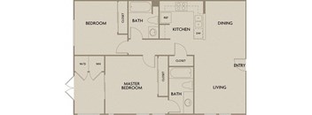 A floor plan of a home with a living room, dining room, kitchen, two bedrooms, and two bathrooms.