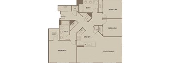A floor plan of a house with a living room, dining room, kitchen, and four bedrooms.