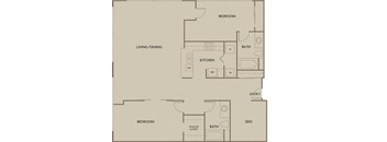 A floor plan of a home with a living/dining area, kitchen, two bedrooms, a bath, and a den.